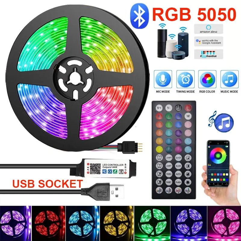 Luzes LED Strip para quarto, USB, RGB, Alexa, Ice String, fita, parede, decoração, fita, Wi-Fi, Bluetooth, 5V, 20 Meter Band, 5050