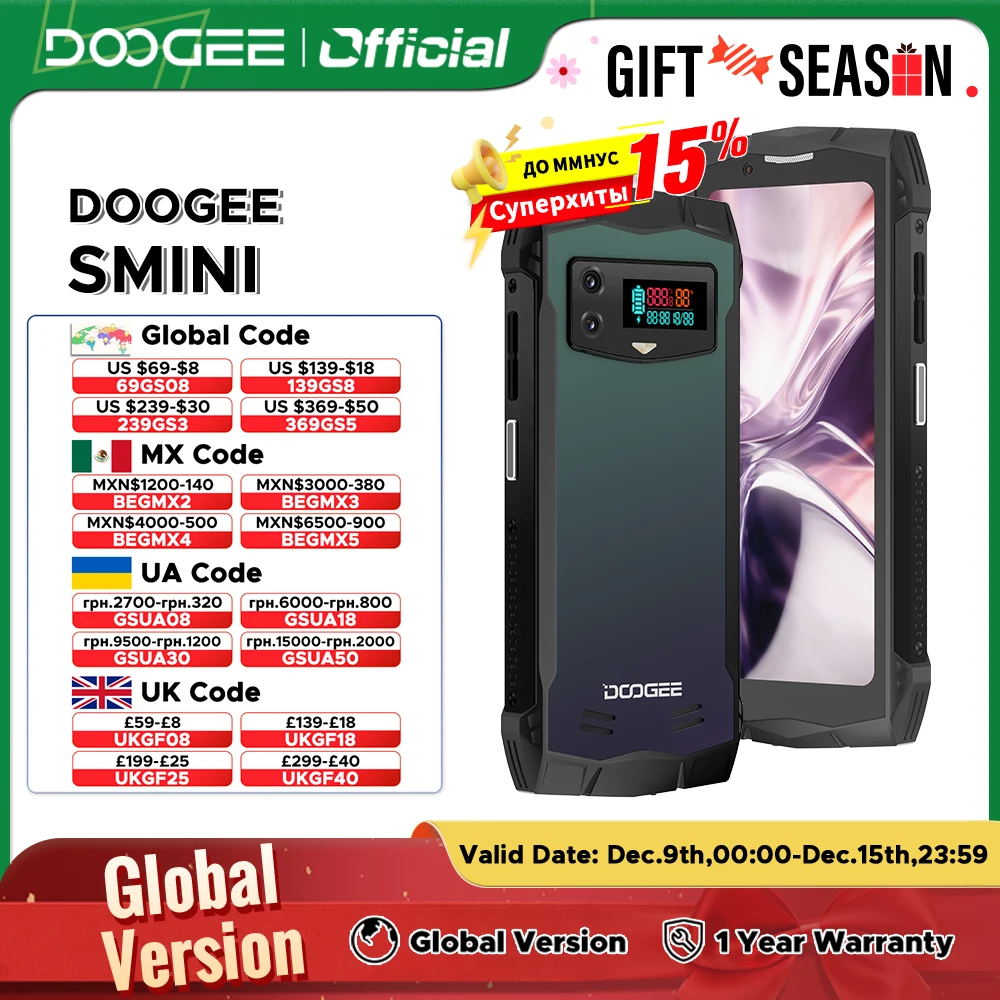 Estreno mundial DOOGEE Smini teléfono resistente pantalla qHD de 4,5 pulgadas 8GB + 256GB pantalla trasera innovadora 3000mAh 18W teléfono de carga