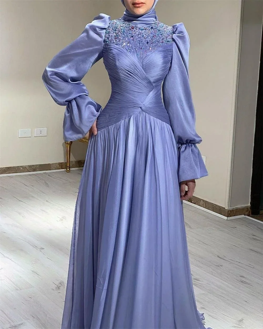 Customized Prom Dress Fashion High Collar Empire Party Floor Length Long Sleeve Satin Ruched Formal Evening Go