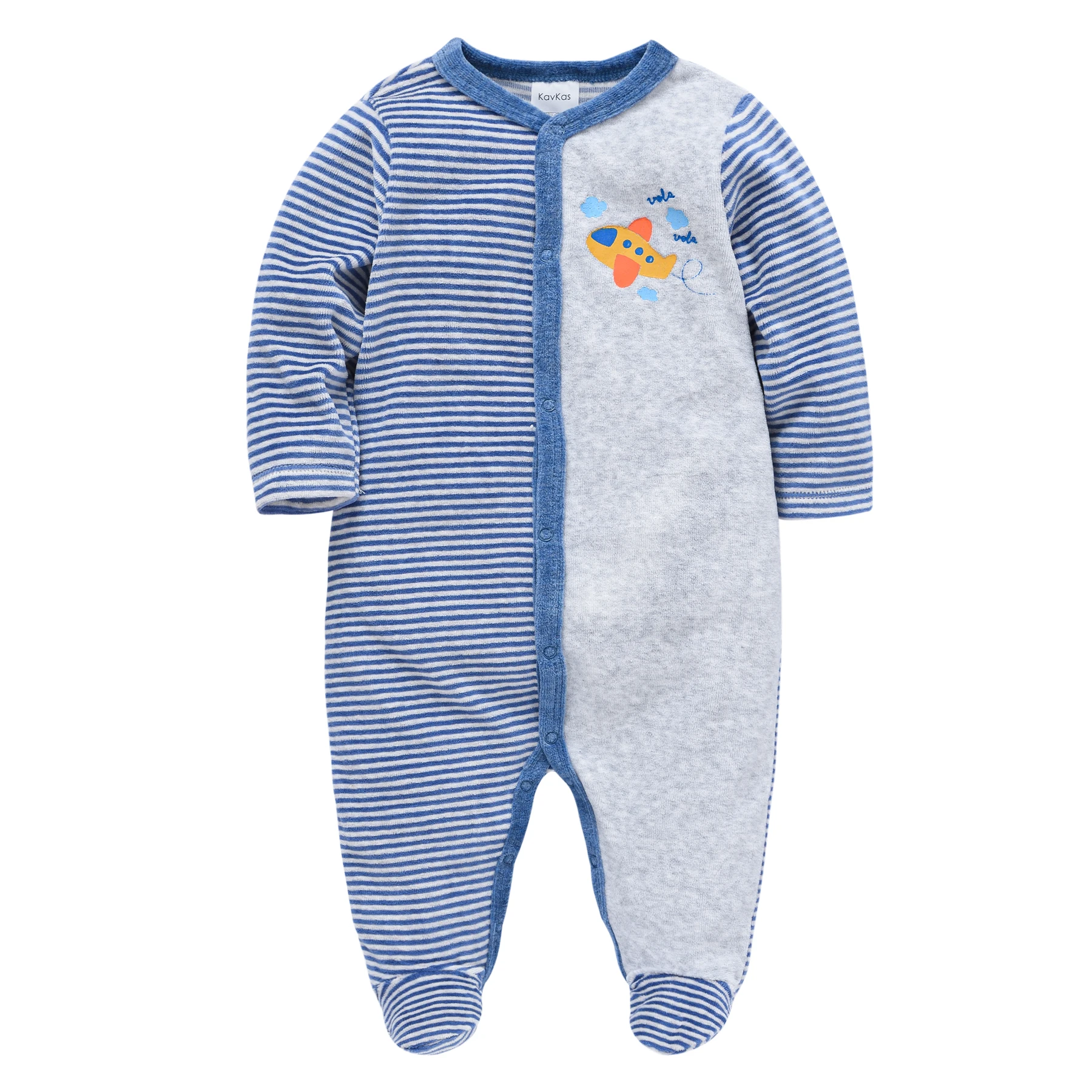 Baby Boy Short-pile Romper Long Sleeve Striped Airplane Print Footed Jumpsuit Autumn Winter Newborn Infant Velour Clothes 1PCS