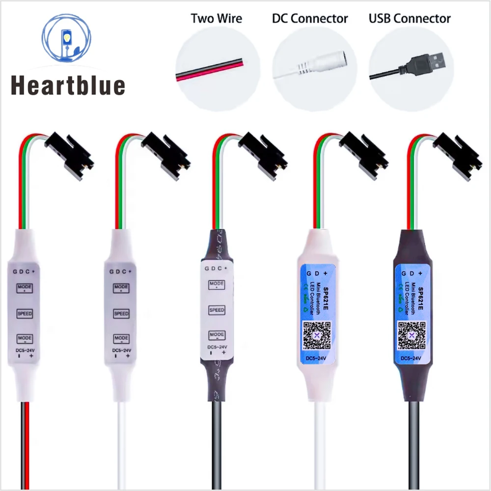Mini SP621E Music BT APP Controller for WS2812B/WS2811 LED Pixel Strips 3-Button USB Interface DC5V-24V Power Supply WS2812B LED
