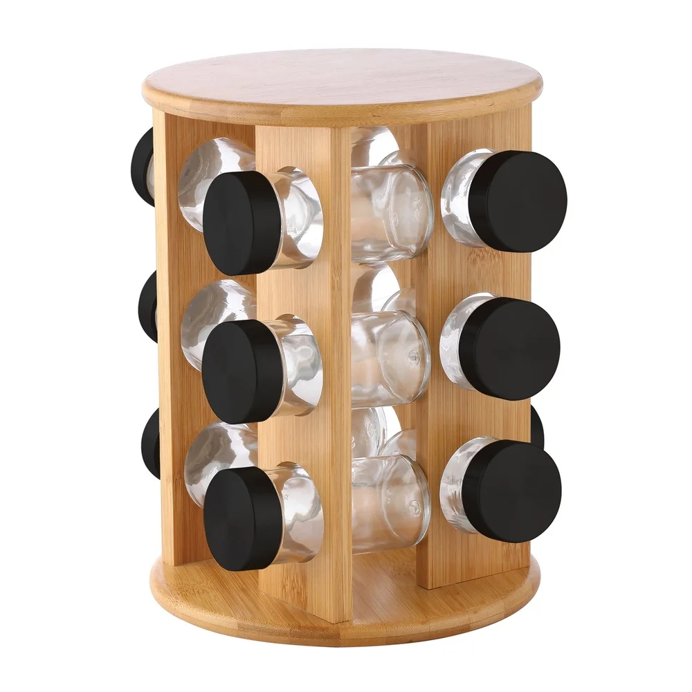 12 Jar Spice Rack Organizer Rotating Base Kitchen Storage Compact Stackable Wood and Glass Design See Through Spice Container