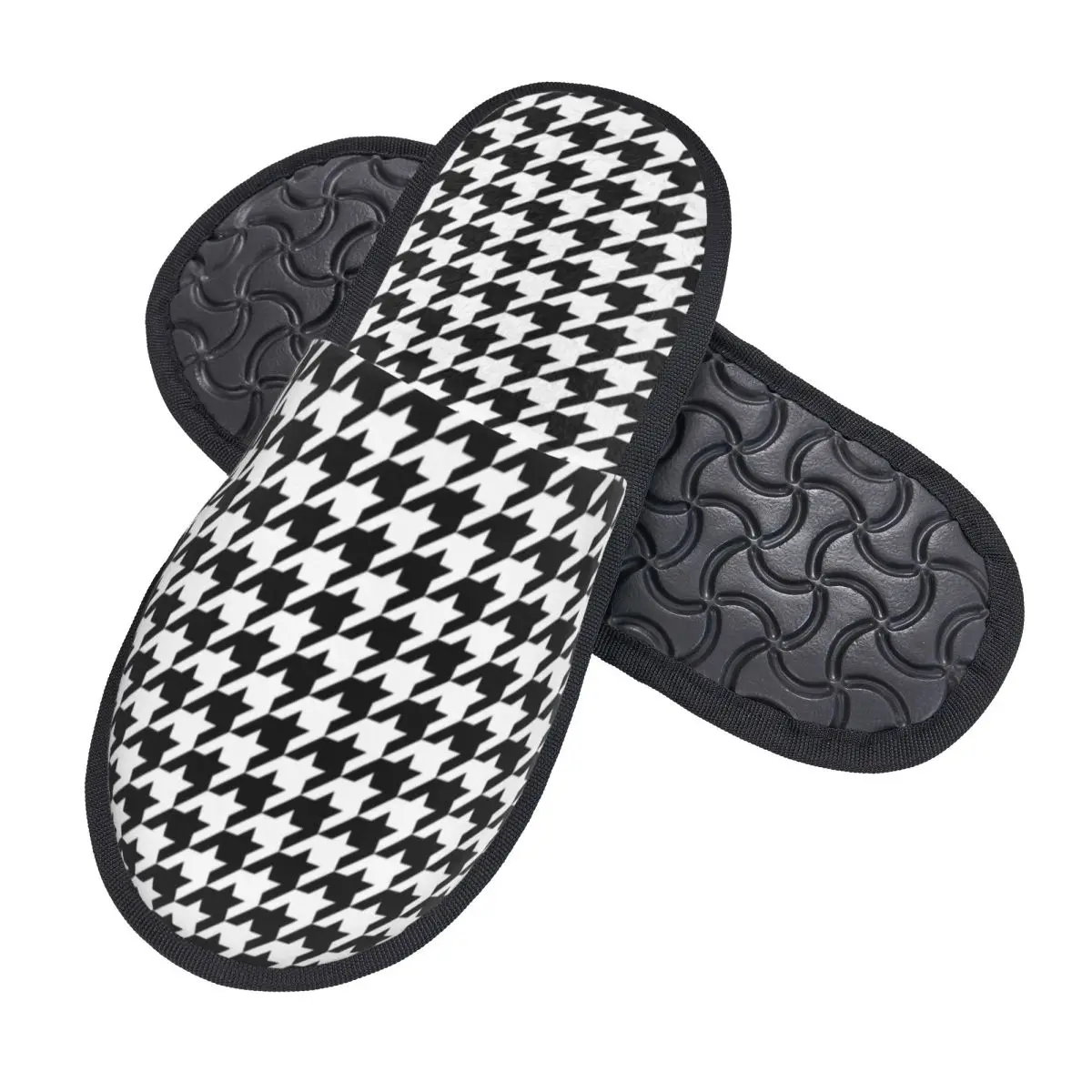 Custom Houndstooth Black And White Checkered House Slippers Women Cozy Memory Foam Dogstooth Geometric Slip On Spa Slipper Shoes