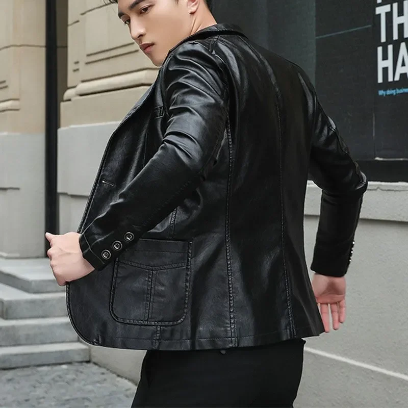 

Leather Suit Men's Spring Autumn New Casual Middle-aged Slim Handsome Top PU Leather Jacket Suit