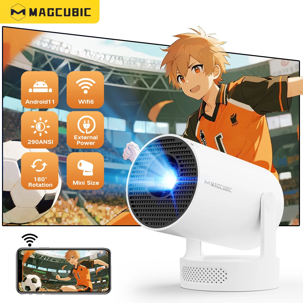 Портативный проектор Magcubic 4K Android 11, 8000 люмен, Wi-Fi 6 BT5.4, уличный кинотеатр, 5 Вт, Hi-Fi динамик, 720P HD, поддержка HY300 Pro+ Портативный проектор Magcubic 4K Android 11, 8000 люмен, Wi-Fi 6 BT5.4, уличный кинотеатр, 5 Вт, Hi-Fi динамик, 720P HD, поддержка HY300 Pro+