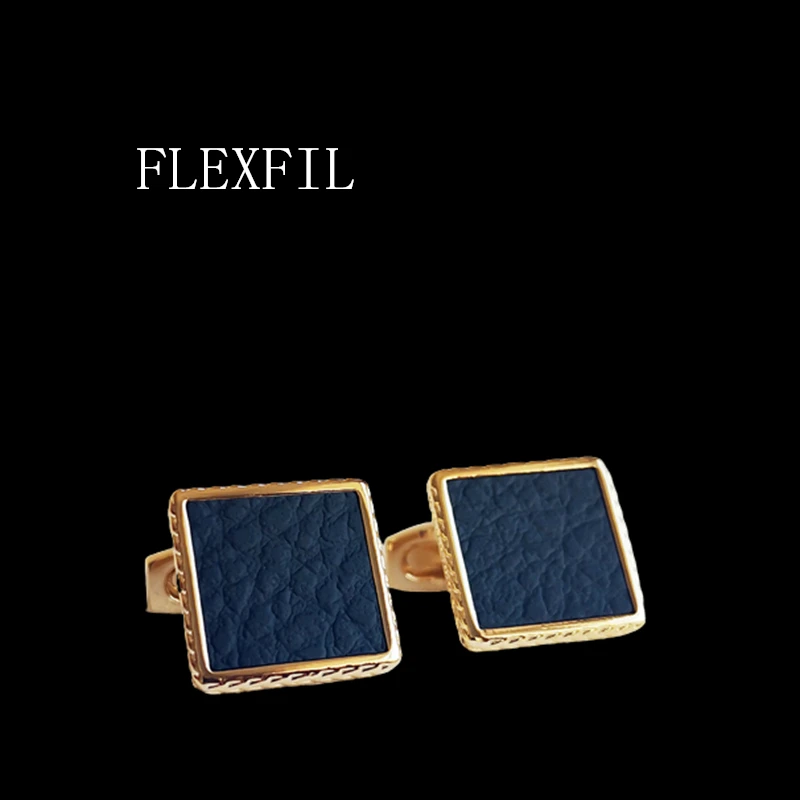 FLEXFIL Luxury shirt cufflinks for men\'s Brand cuff buttons cuff links gemelos square metal leather wedding abotoaduras Jewelry