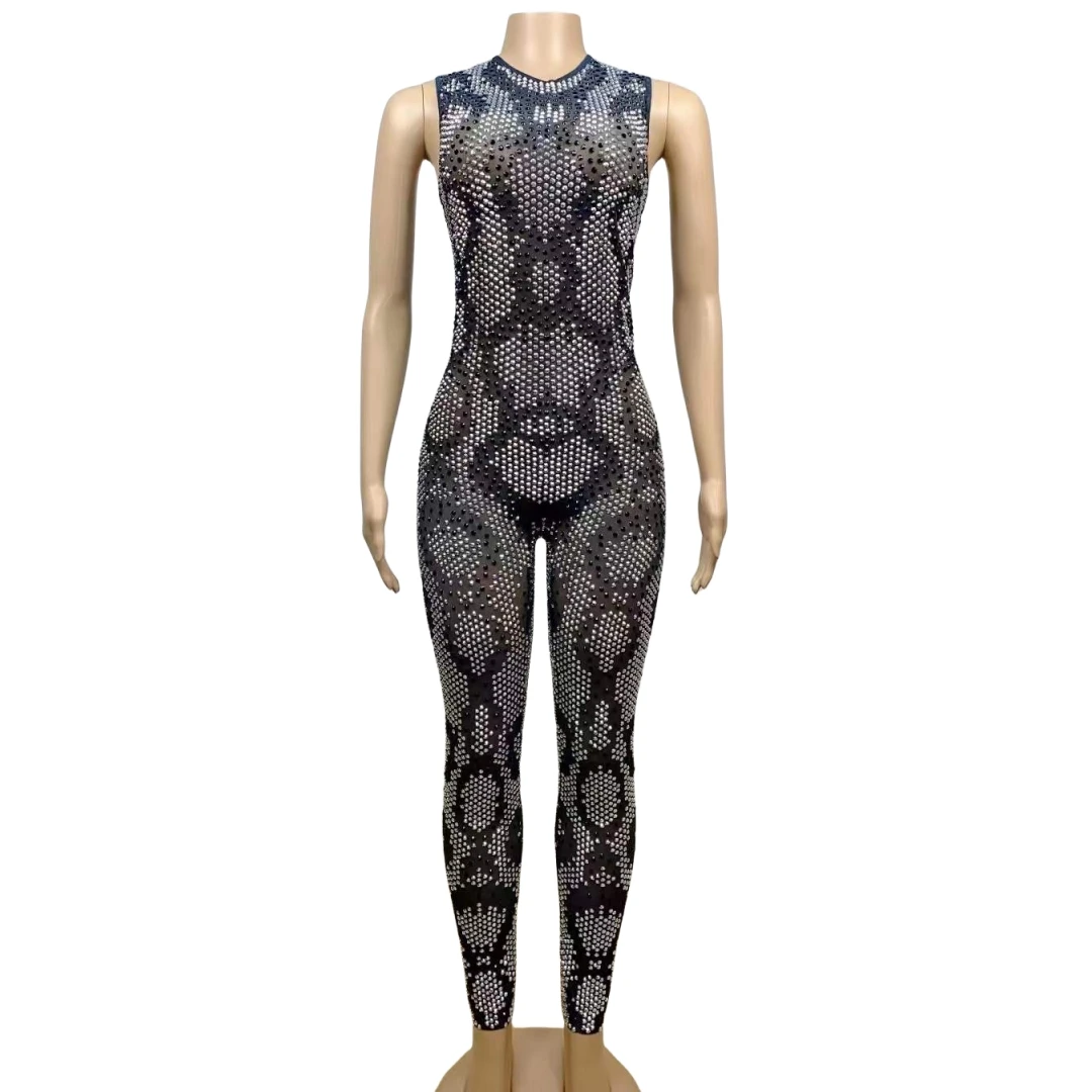 

Snake Pattern Design Stunning Stretch Mesh Women Full Rhinestone Jumpsuits Sheer Sexy Drag Queen Outfit Stage Performance Wear