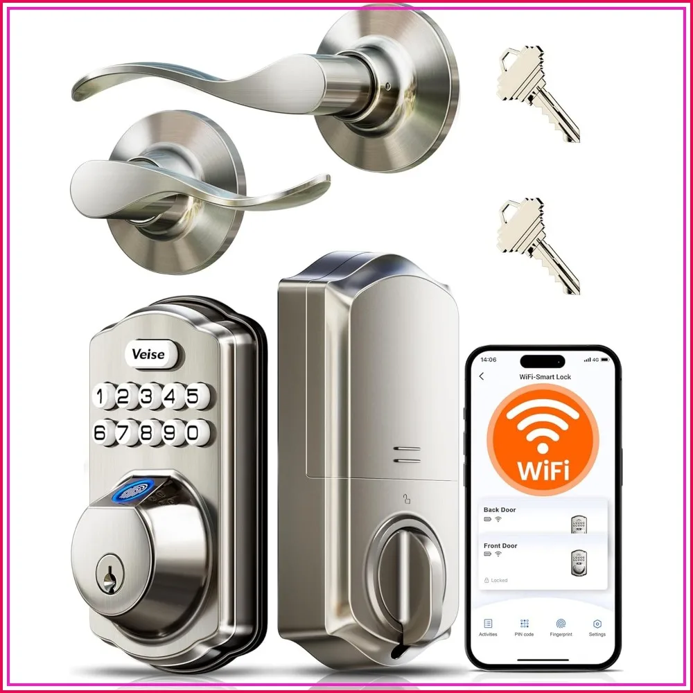 

Wi-Fi Fingerprint Smart Lock with Handle, Remote App Control, Keyless Entry, Built-in WiFi, Backlit Keypad Deadbolt, Auto-Locking