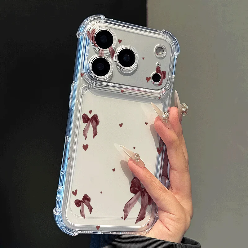 Burgundy Bow Heart Pattern Clear Phone Case for Samsung Galaxy S26 S25 S24 S23 S22 S21 S20 Plus Ultra A73 A72 A52 A32 A25 A15
