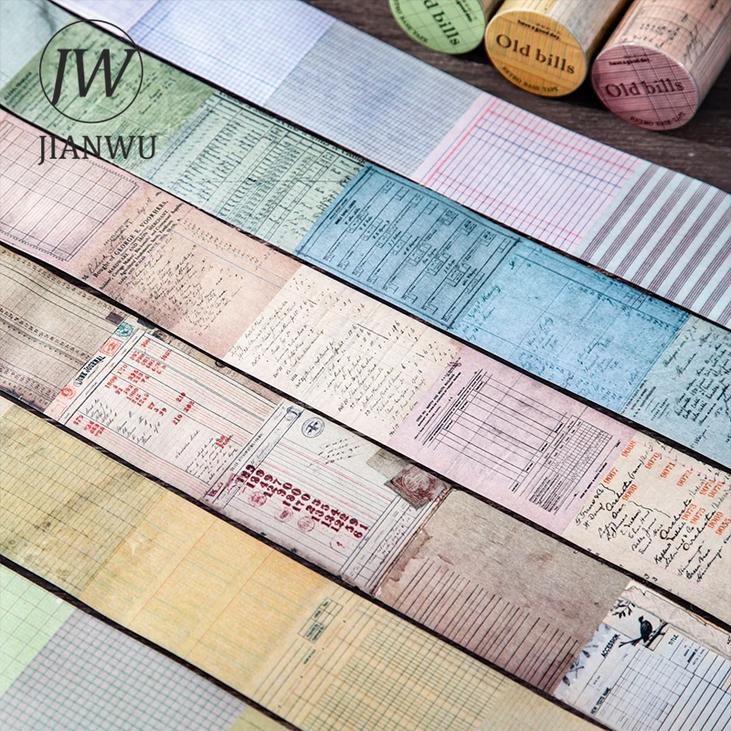 

JIANWU 50mm*200cm Old Bills Series Vintage English Text Landscape Material Collage Washi Tape Creative DIY Journal Stationery