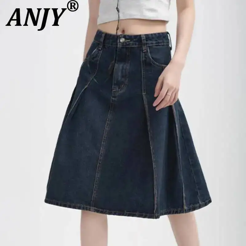 ANJY Summer New Women's American Retro Streetwear Y2K Stylish Casual Trendy Tide A-Line Pleated Pockets Denim Short Skirts A8126