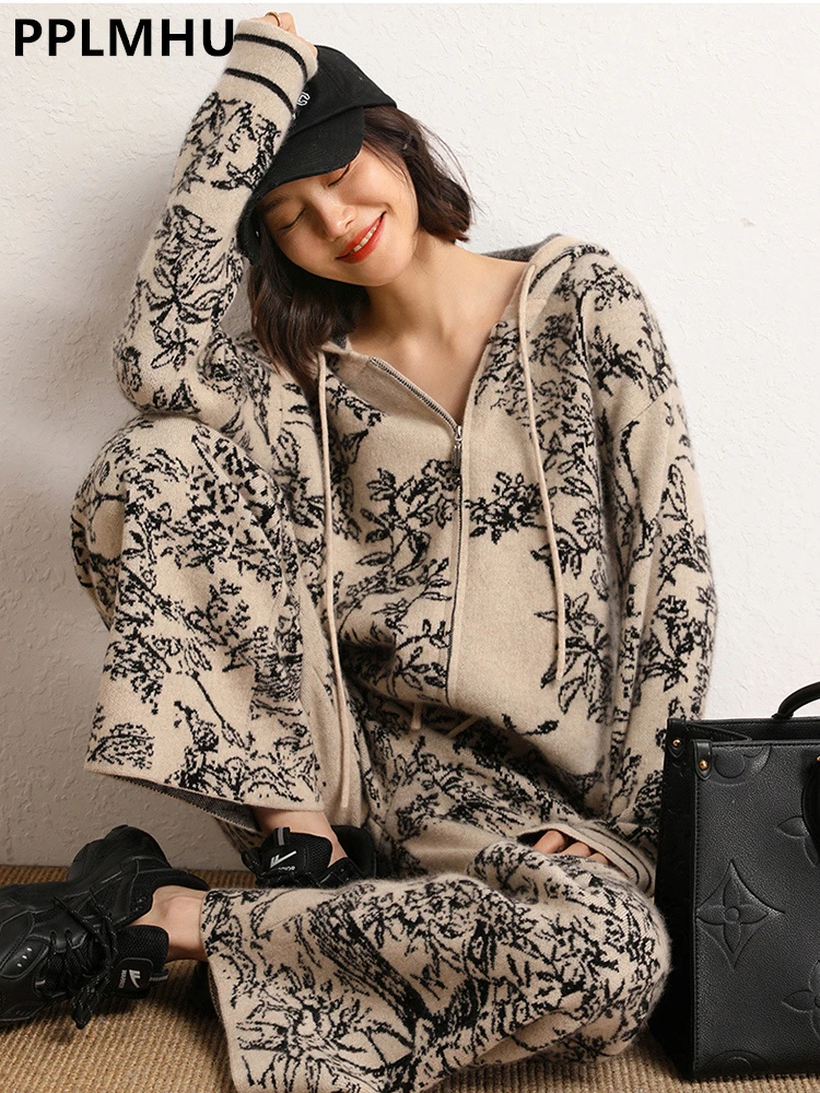 Vintage Print Knit 2 Piece Sets Women Casual Knitwear Hooded Zipper Sweatshirts Coats Conjunto High Waist Wide Leg Pants Suits