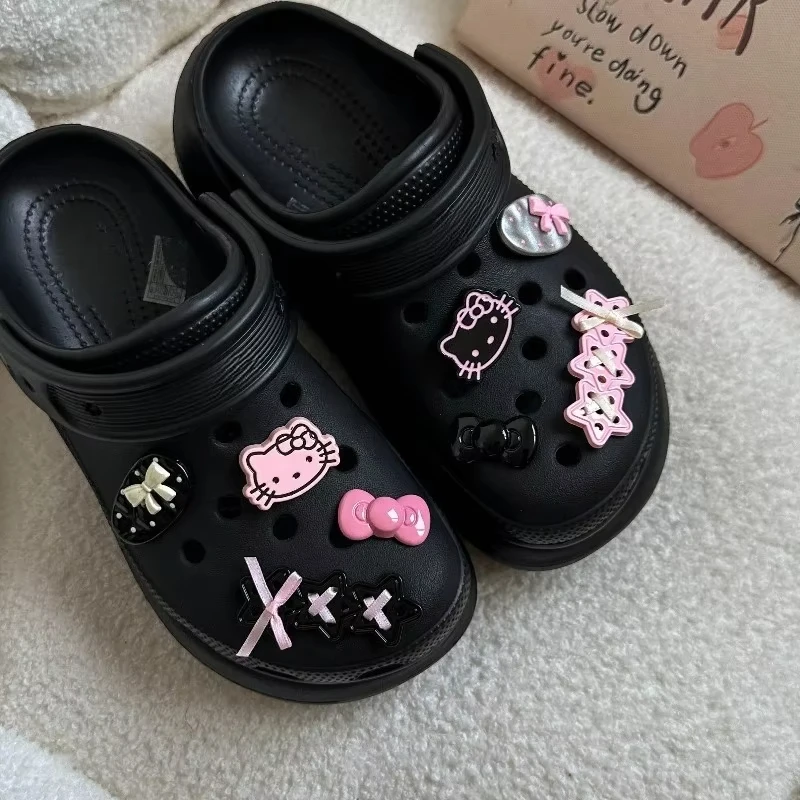 MINISO Black and Pink Serie  Hello Kitty Shoe Charms Accessories Bow Decoration Shoe Charms Buckles Holiday Xmas Gift Idea