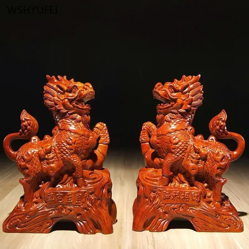 2PCS Solid Wood Carving Simulated Kirin Decoration Office Crafts Housewarming Sculpture Attract Wealth FENG SHUI Home Decor