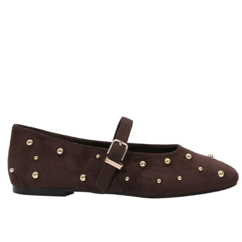 Round Toe Rivets Women Mary Jane Shoes Brown Faux Suede Metal Belt Non-slip Soft Sole Retron Design 2025 Spring Ladies Flats