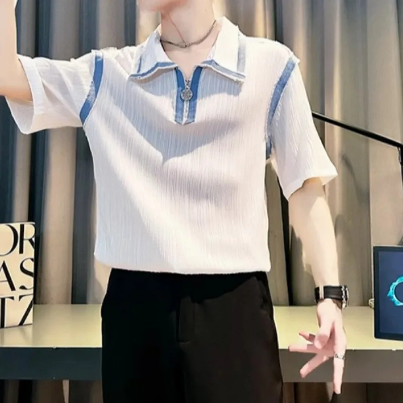 الكورية الصيف مخطط التلبيب تي شيرت الرجال قصيرة الأكمام لوس عادية نصف سستة قمصان بولو الأعمال الاجتماعية تيز الرجال الملابس #6