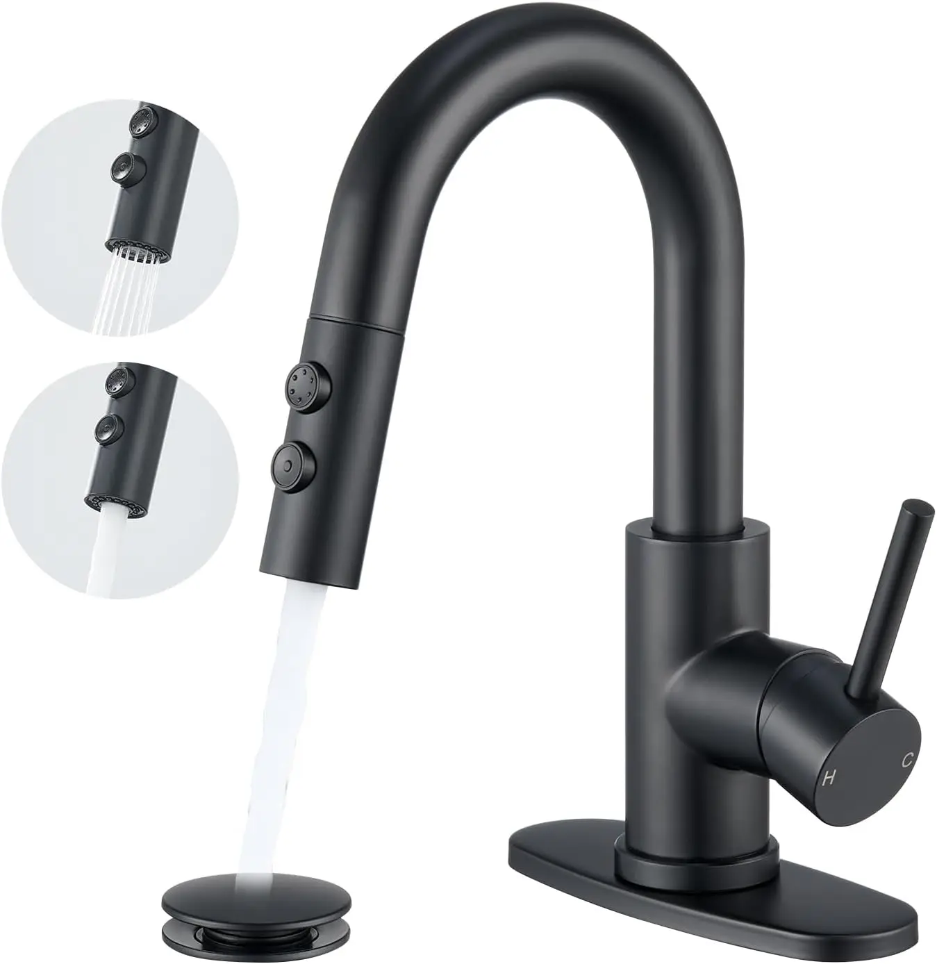

Black Bathroom Faucet with Pull Down Sprayer, Single Hole Bathroom Faucet with Pop-up Drain and Flexible Hoses, 1 Handle Sink Fa