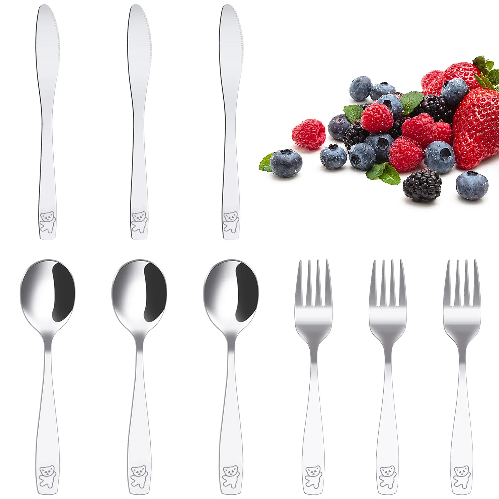 9Pcs Kids Silverware Set 410 Stainless Steel Kids Fork Spoon and Cutter Set Safe Ergonomic Toddler Utensils Funny Bear Kids