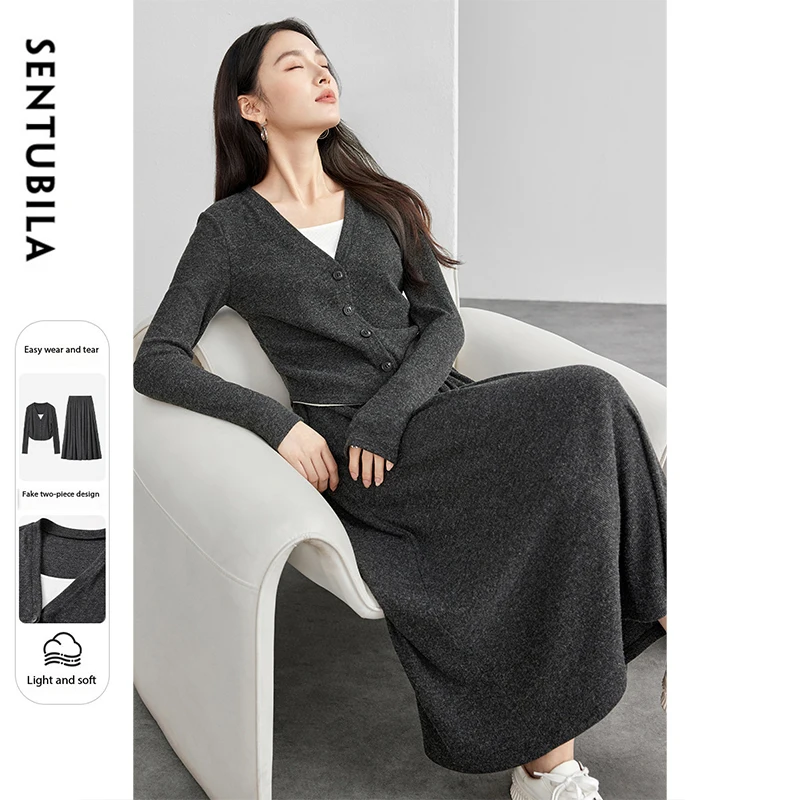 

SENTUBILA New Gray Skirt Sets Fashion Patchwork 2 in 1 T-shirt Slim Fit Elegant Midi Skirts Knit Women's Two Pieces Set151Z57902