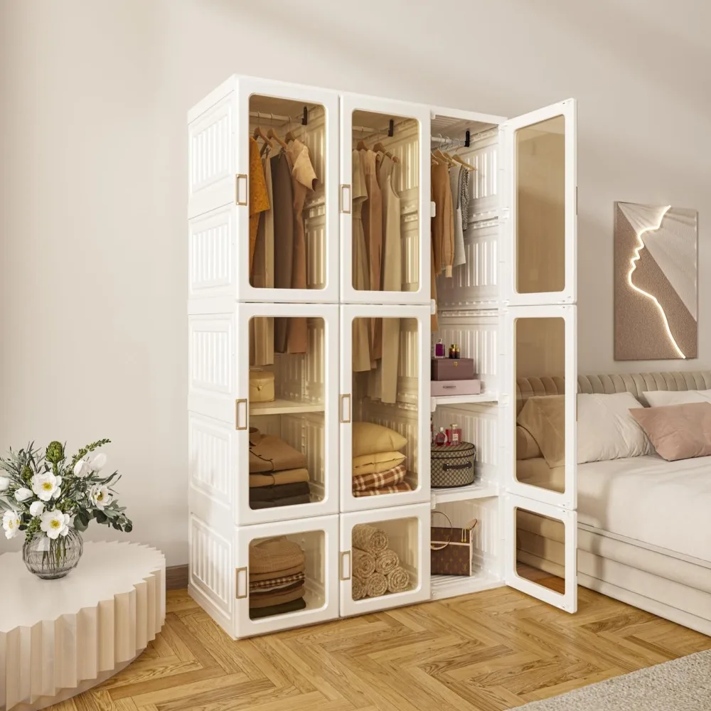 Portable Wardrobe Closet Storage Organizer for Clothes,Transparent Door Panels,Suitable for Living Room