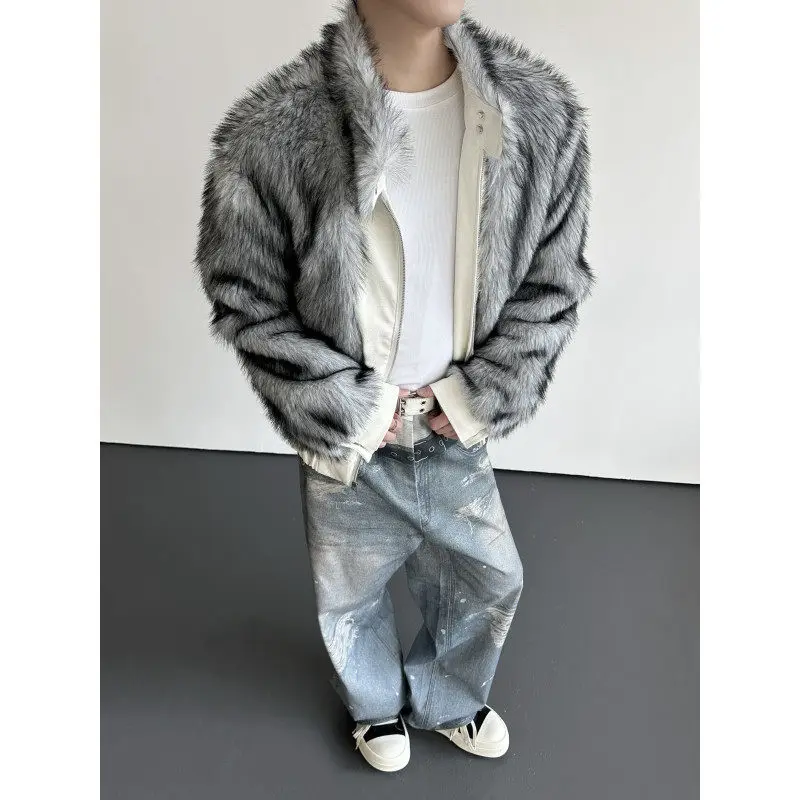 

Men's Thiened Fce Lined Fur Jaet Winter Warm PU Leather Cotton Coat Silver Wolf Fur Inteated Faion Urban Sle