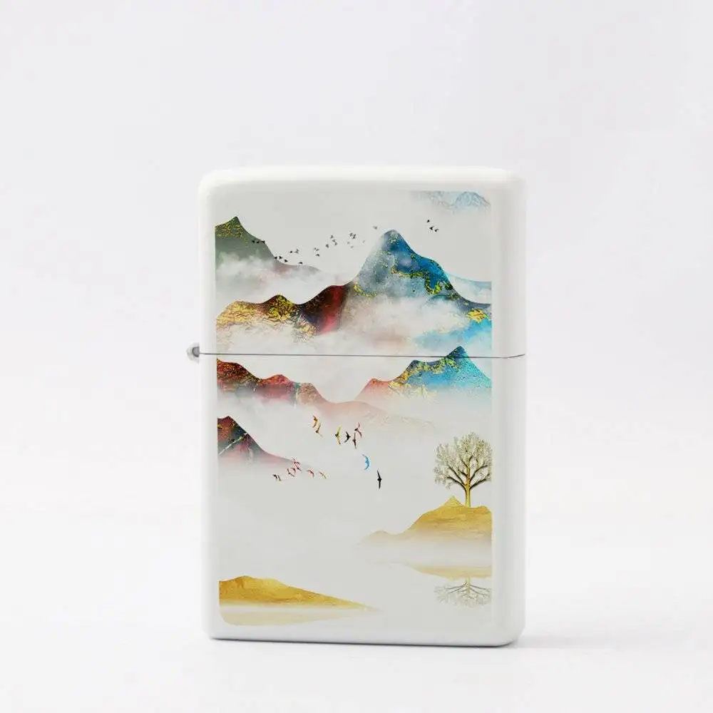 New Chinese Style Kerosiene Grinding Wheel Lighter Retro Style Metal Windproof Lighter Landscape Pattern Can Be Customized
