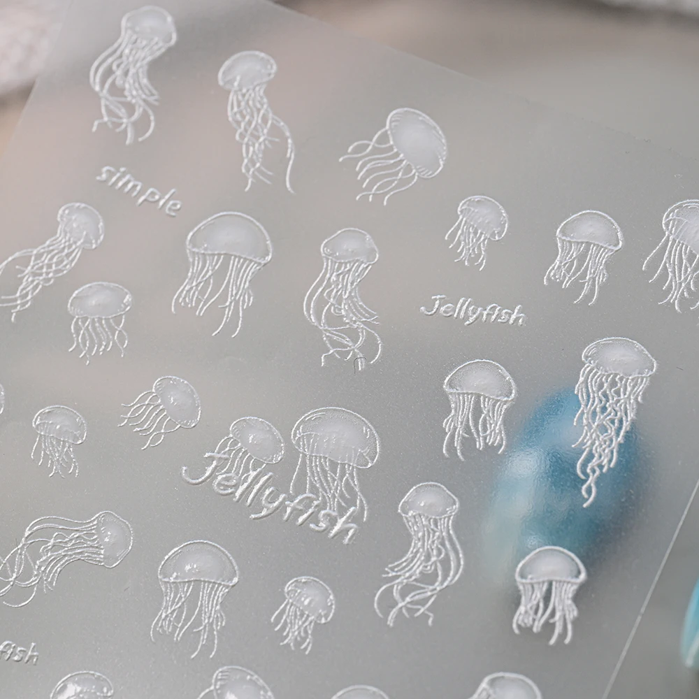 1 unidad de pegatinas de uñas 5D con relieve de medusas, verano, océano, diseño del mundo del mar blanco, calcomanías para uñas, decoración de manicura deslizante
