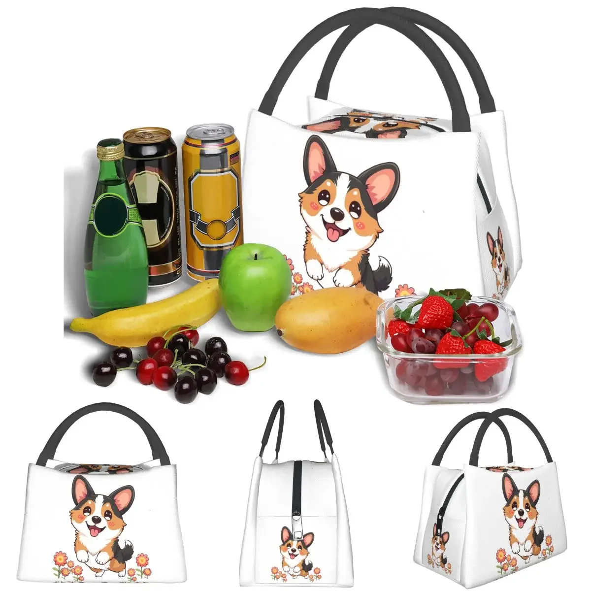 Kawaii Tricolor Corgi In The Garden Lightweight Handheld Insulated Lunch Bag Aluminum Foil Liner for Adults Travel Picnic