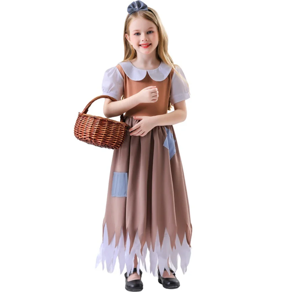 

Adult Girls Kids Child Medieval Maid Costume Drama Stage Performance Wear Story Book Poor People Role Play Dress