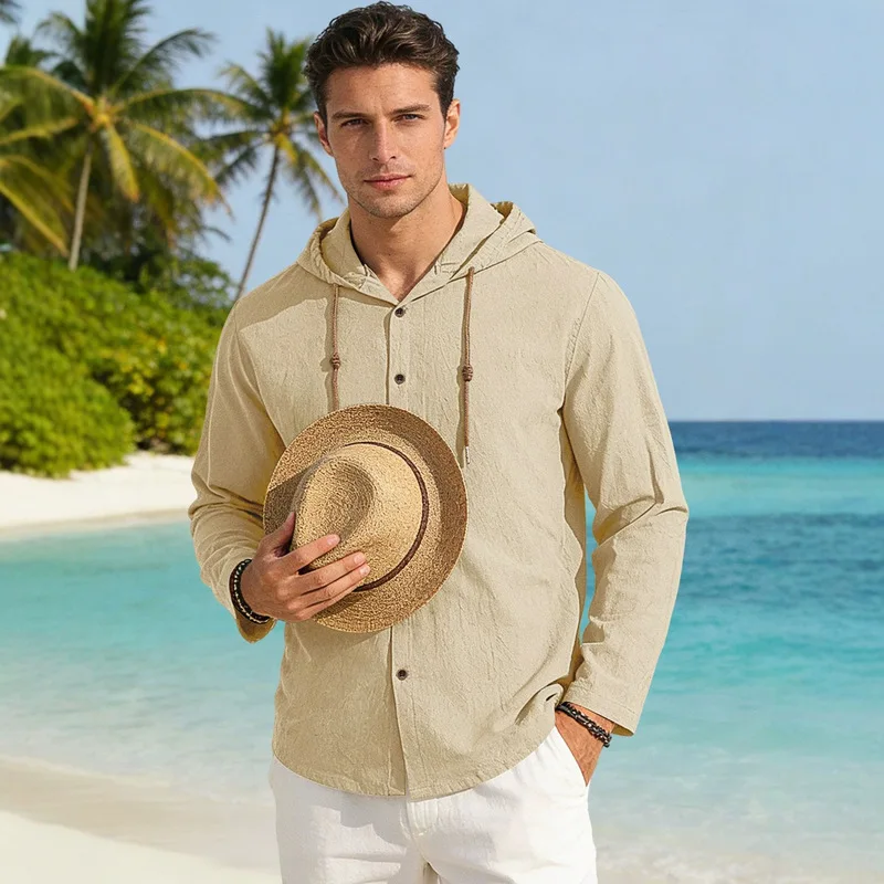 B&C Light Orange Hooded Shirt Men Button Down Long Sleeve Drawstring Casual Beach Vacation Top 2026 New