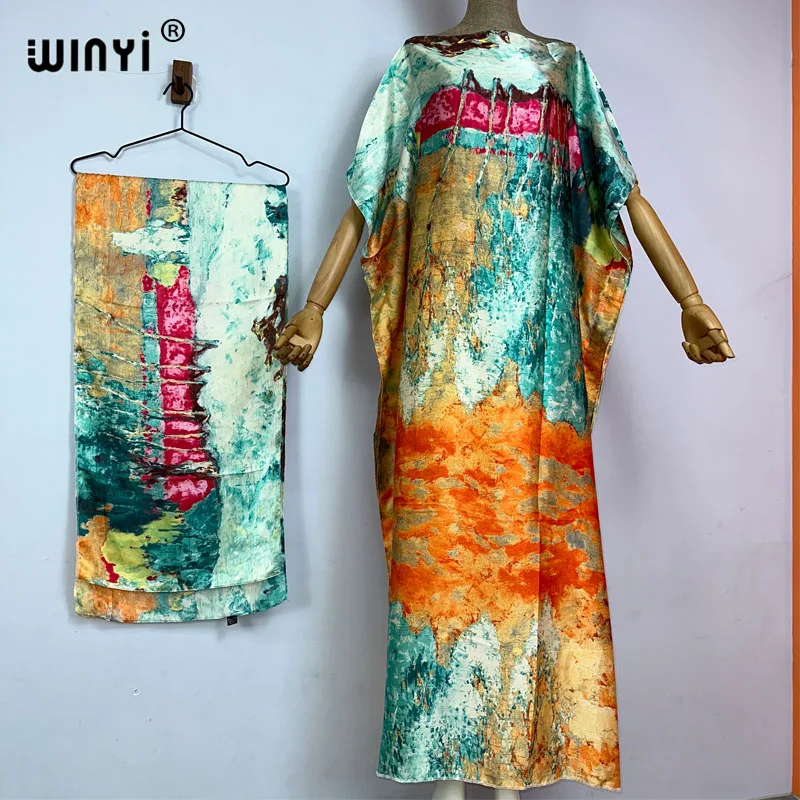 

WINYI Dress beach wear turkey dresses with belt Bohemia Print Dashiki Women abaya kaftan summer Color african dresses for woman