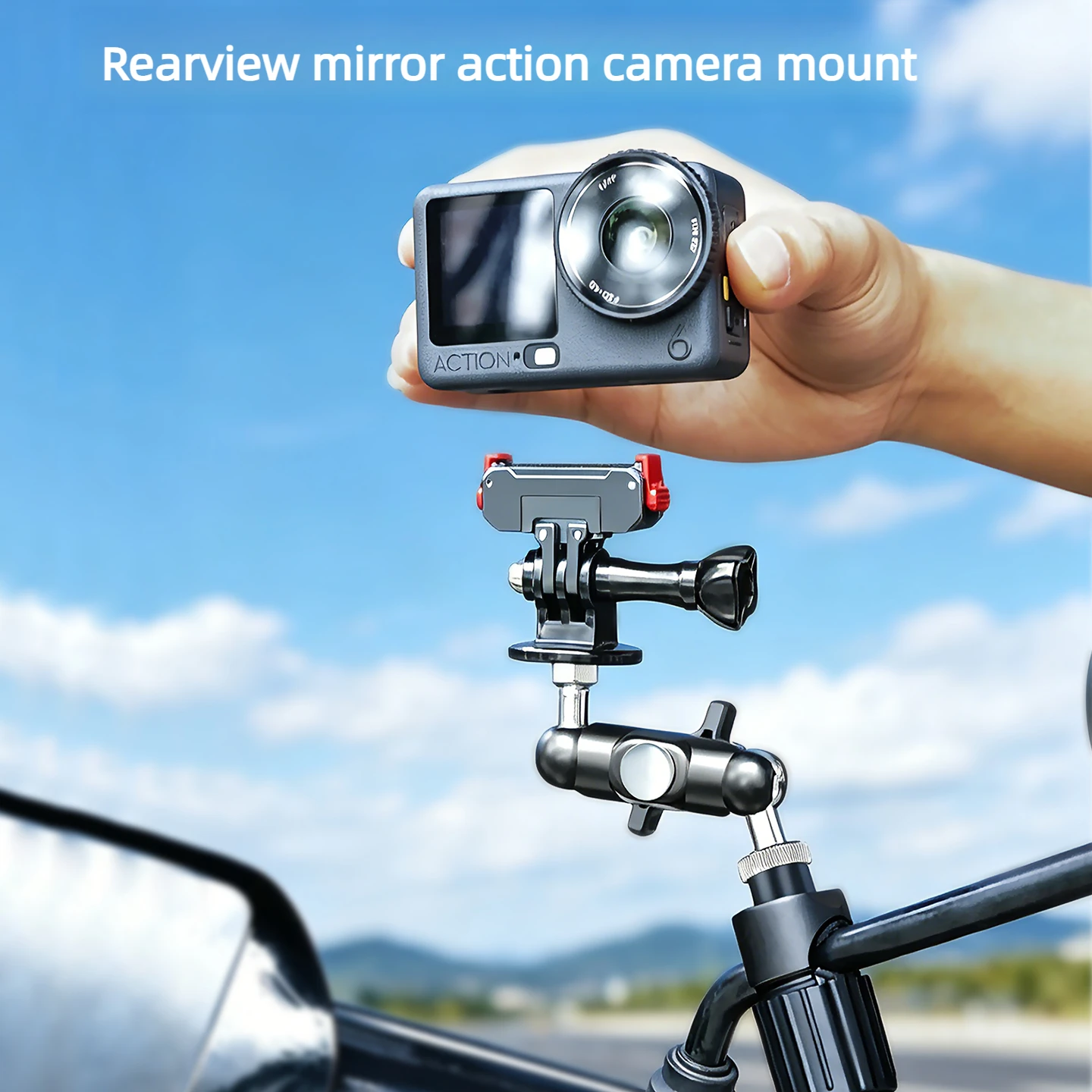 Universal Sturdy Action Camera Stand 360° Rotating Black Adjustable Rearview Mirror Camera Bracket Holder for Action Cameras