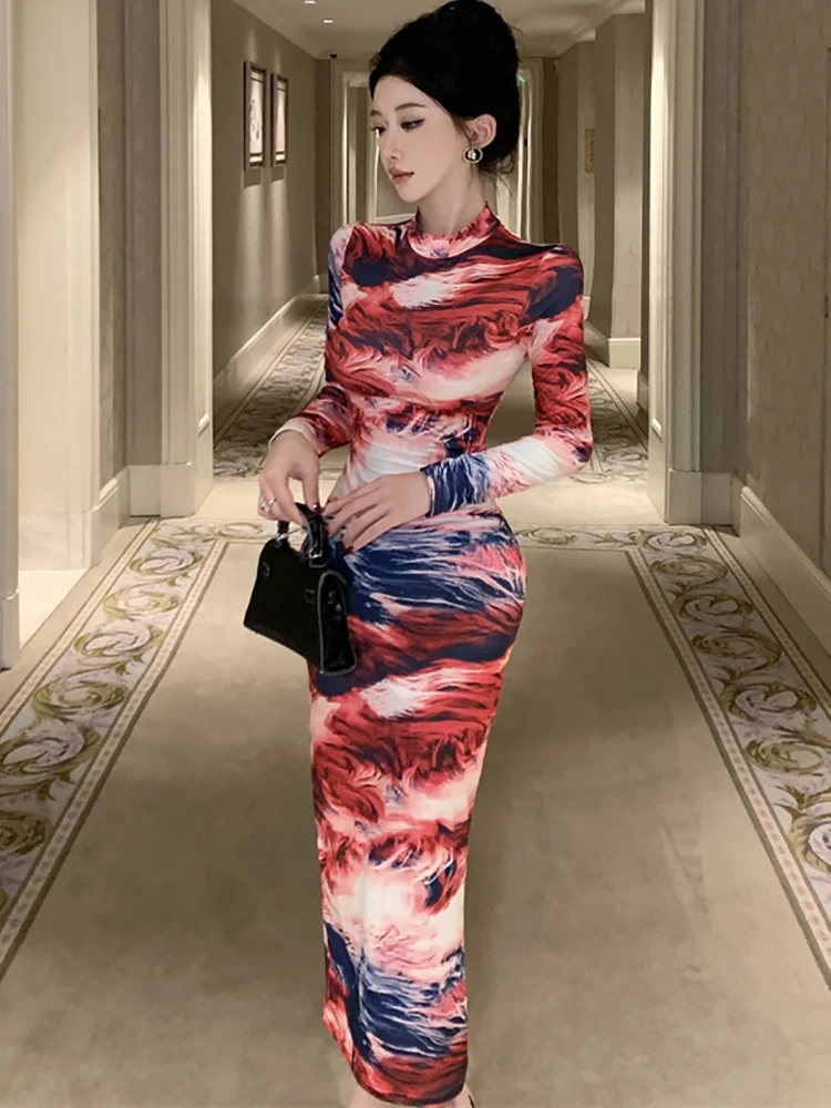 Vestido de manga larga con estampado degradado a la moda para mujer, vestido largo informal elegante para otoño e invierno, vestido de fiesta ajustado coreano para Festival 2025