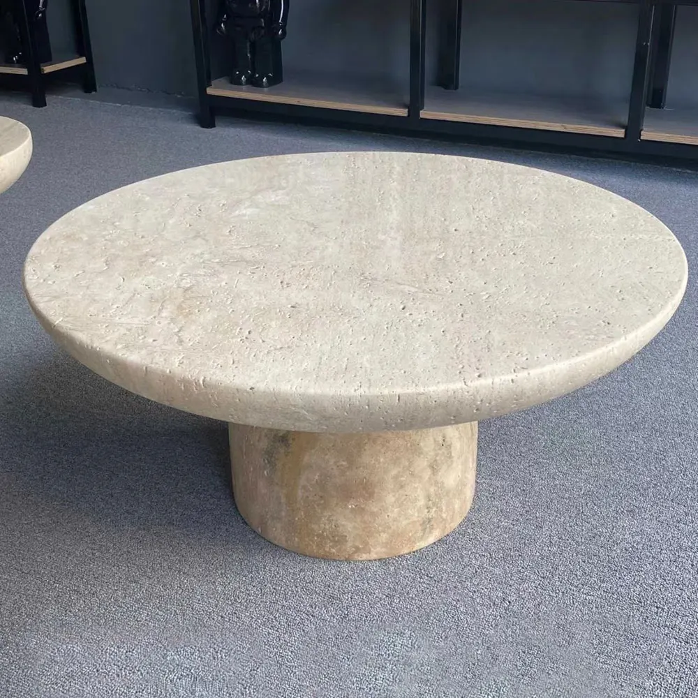 High Quality Living Room Beige White Travertine Coffee Table Natural Stone Round Side Table