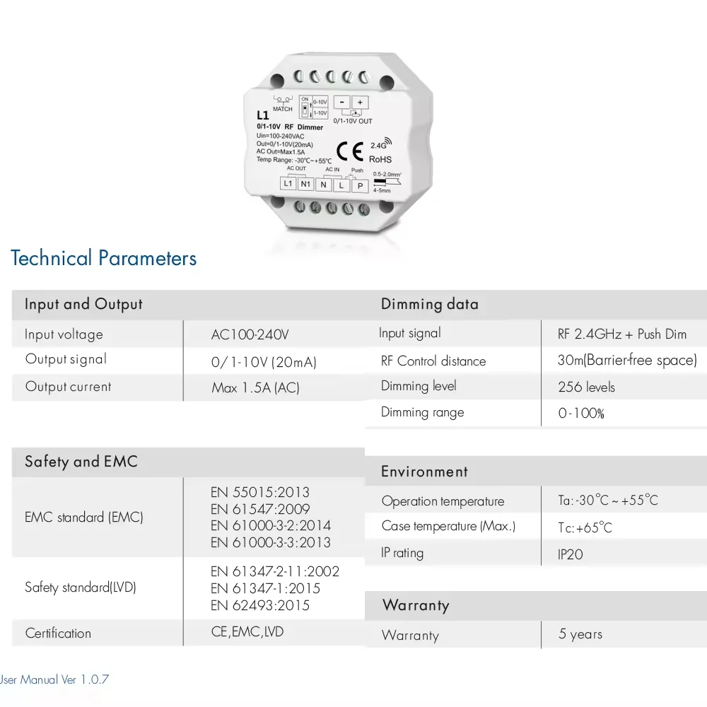 0/1-10V WiFi ZigBee + RF + Push Dimmer L1 L1(WT) L1(WZ) 2.4G Single Color Push Dimmer for COB 5050 Single Color LED Strip Light view 2