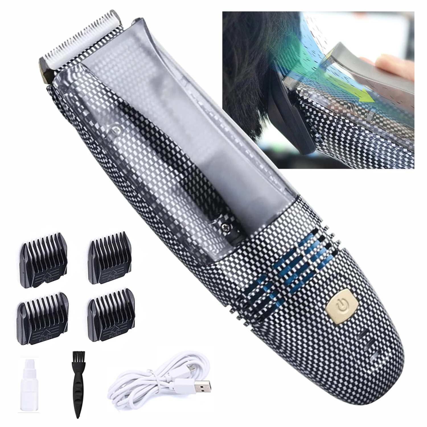 Automatic Hair Suction Electric Hair Trimmer USB Charging Electric Hair Clipper with 4 Guide Combs Beard Trimmer for Men Home