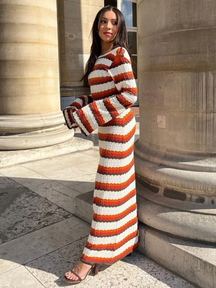 WeiYao-vestido de punto de algodón con espalda descubierta para mujer, traje a rayas de manga larga con cuello redondo, corte ondulado, estilo de vacaciones, otoño