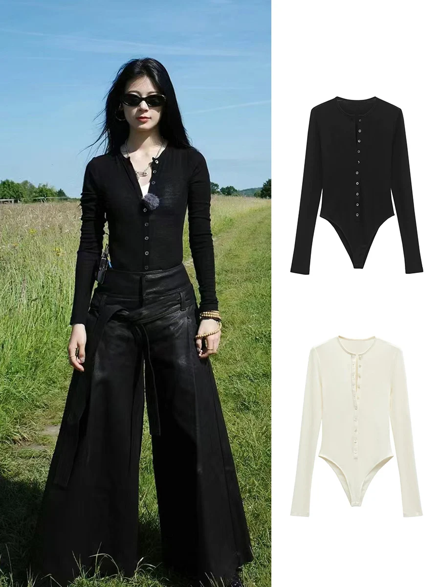 

Zhaozhao Black Wool Lyocell Spring Outfit Thin One-Piece Long Sleeve Henry Collar Underwear Women's Top Street Style Short Pant