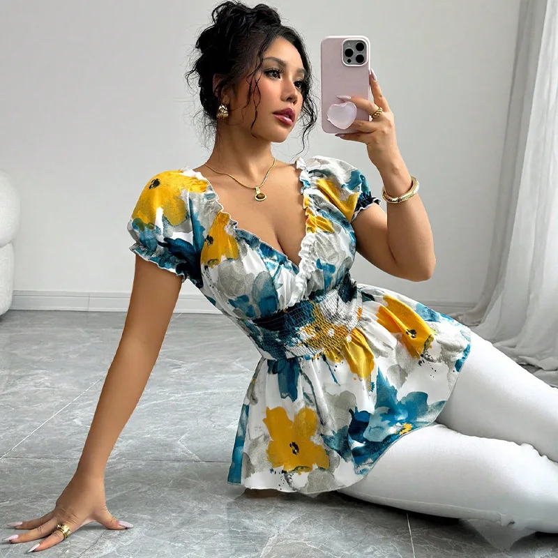 Tiefer V-Ausschnitt Tie Dye Slim Fit irt Damen Urlaub Sle Casual Thi Polyester Frühling Sommer Herbst Lange Sve Bluse