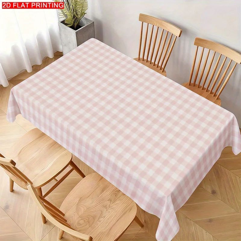 A soft, fashionable and attractive powder-white checkered tablecloth, machine washable and easy to clean.