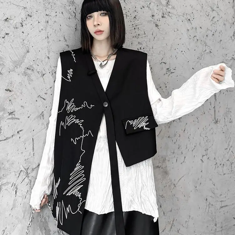 Trendy Irregular Embroidered Blazer Vest Spring Summer Chic Graffiti Loose Fit Casual Sleeveless Waistcoat Unique Design