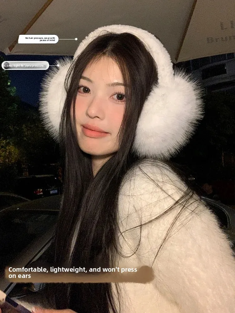 White Rabbit Fur Ear Muffs Soft Cute Plush Bicycle Riding Ear Covers Women's Winter Ear Warmers Windproof Ear Pads