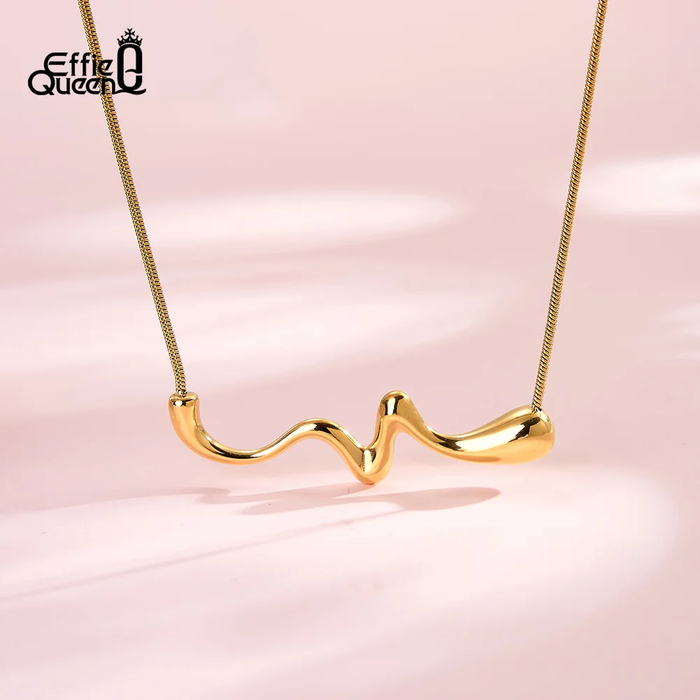 EFFIE QUEEN Minimalist Stainless Steel Line Wave Necklace Choker Chain For Women Waterproof Elegant Wave Collar Jewelry STKN38