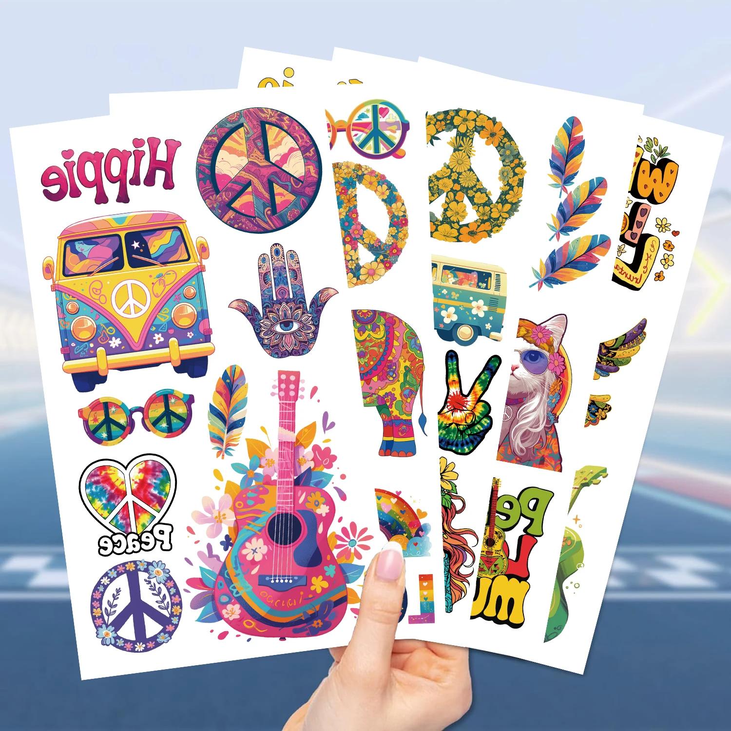 10PCS Hippie Peace and Love Waterproof Tattoos Set Rainbow Face Stickers Body Artattoos Temporary Sticker