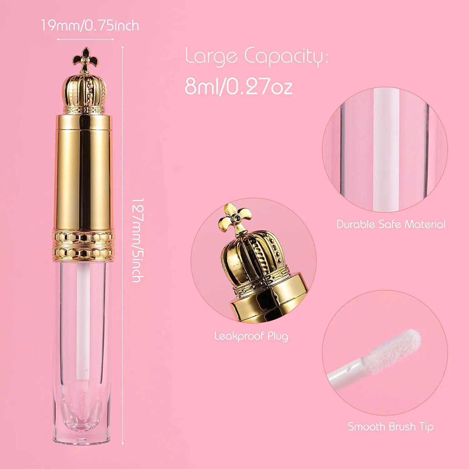 100Pcs 8ml Empty Lip Gloss Tube with Gold Crown Lid DIY Lipstick Plastic Refillable Bottles Cosmetics Container