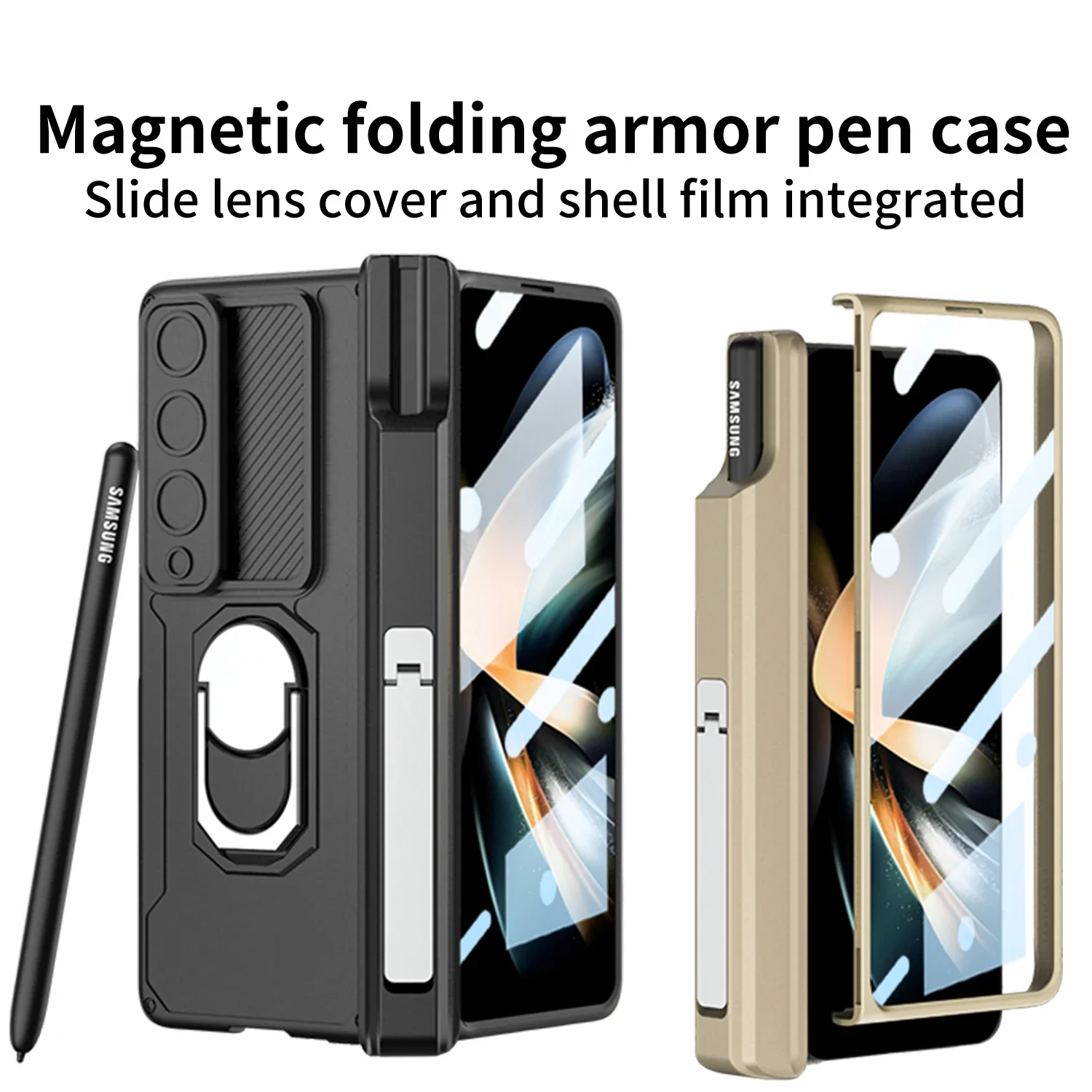 With S Pen Magnetic Armor Case For Samsung Galaxy Z Fold 4 5 3 2 Car Holder Ring Slide Camera 360 Full Protector Kickstand Cover