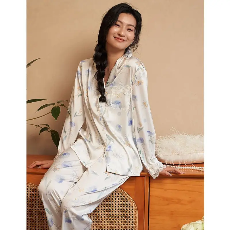 Women\'s Pajamas Sets Spring Autumn 2 Piece Flower Print Pyjama Femme Faux Silk Satin Sleepwear Long Sleeve Pijama Mujer Homewear