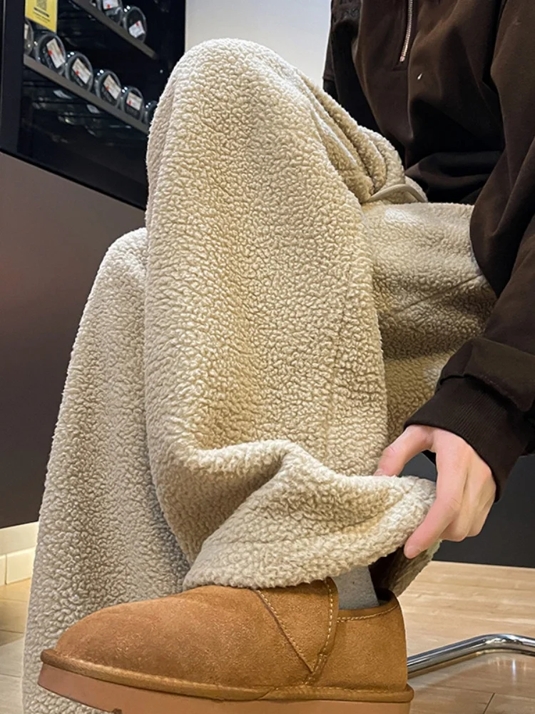 

Men's Winter Thiened Fce Lined Lamb Velvet Sweatpants American Casual Cleanfit Knife Pants Loose Fit Straight Leg