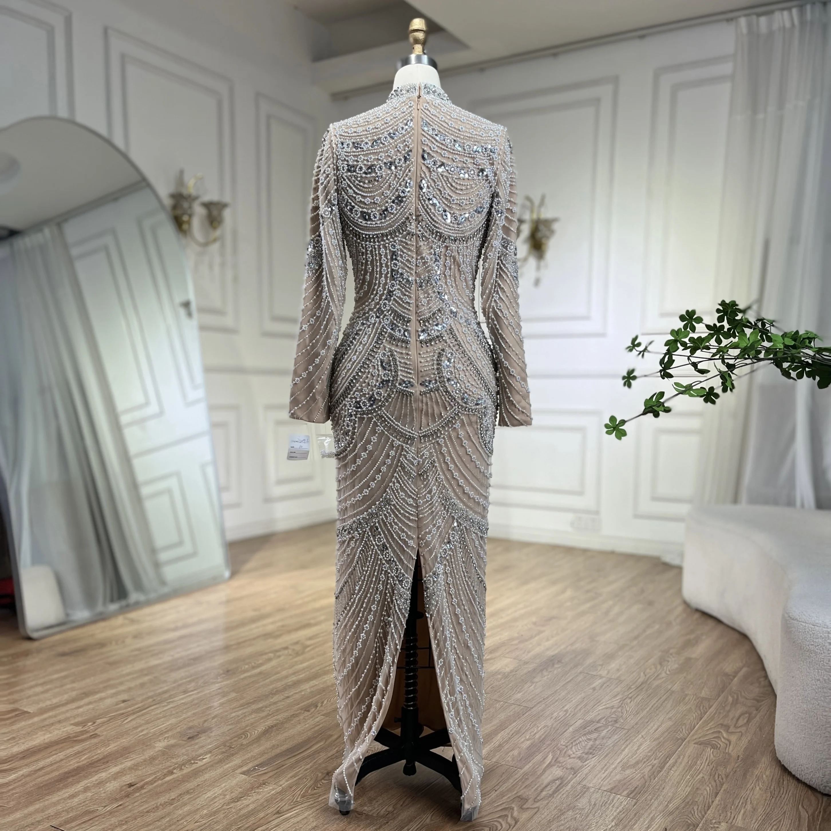 SERENE HILL Customized Arabic Modest Luxury Silver Nude Beaded Mermaid Evening Dress 2025 Muslim Women Party Gown CLA72091L