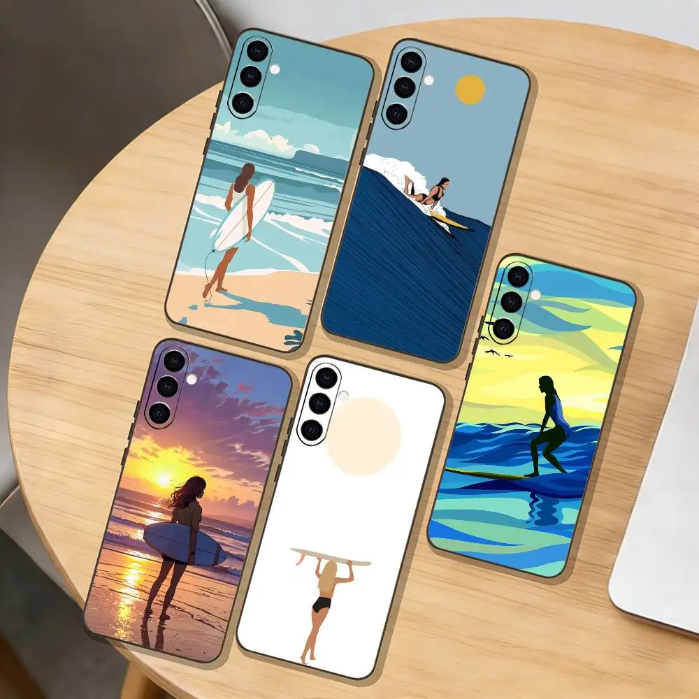 

s-Surfboard Surfing Art Surf Girl Phone Case For Samsung Galaxy A73,A72,A71,A70,A53,A52,A51,Others Soft Black Cover